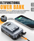 WORKPROX 20V 4.0Ah multi-functional power bank with USB-C charging an iPhone, featuring HD battery display.