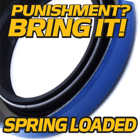 All In One Caster Fork Bearing And Seal Rebuild Kit spring loaded seal close-up with bold text overlay.