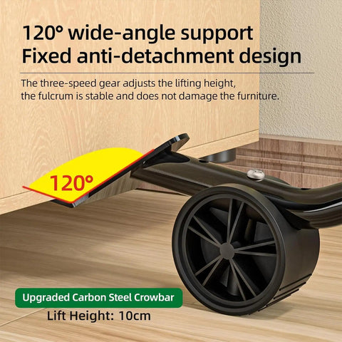 Heavy Duty Furniture Movers With Wheels Supports Up To 750 Lbs Easy Slide Tool For Sofas And Couches, shows 120° carbon steel crowbar with wheel.