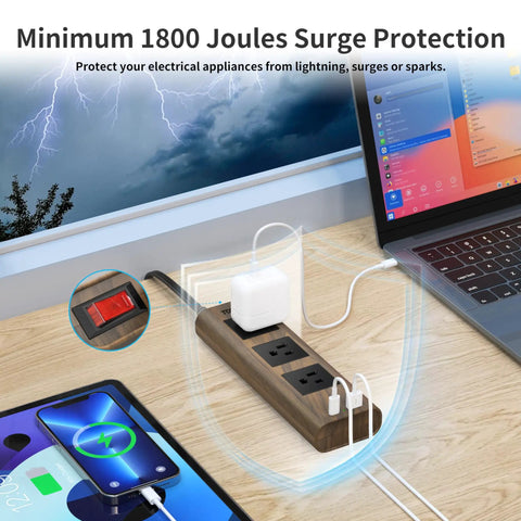 Power Strip Surge Protector With USB-C And USB-A, 1800J Surge Protection, 10 Ft Flat Extension Cord, Ultra Thin Flat Plug in use