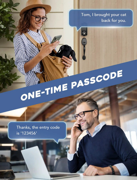 Woman using app for keyless front door lock set with handle and app controlled fingerprint door lock, displaying entry code.