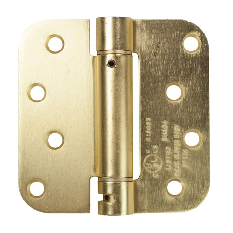 Six Pack Of Four Inch Self Closing Spring Hinges With A Slick Satin Brass Finish Constructed From Cold Rolled Steel Featuring No Sweat Tension Adjustment For Quick Mounts And UL Listed Fire Door Safety Rating