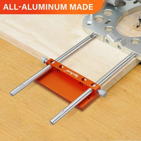 Edge Fence Pro Grade For S04001 And S04003 Portable Drill Guide installed on wood with aluminum cutting gauge for precise drilling