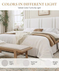 King Size Velvet Bed Frame With Adjustable Channel Tufted Headboard In Chic White Upholstery displayed in varying light conditions.
