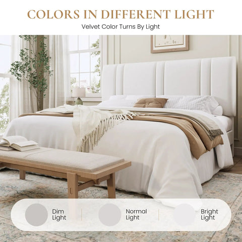 King Size Velvet Bed Frame With Adjustable Channel Tufted Headboard In Chic White Upholstery displayed in varying light conditions.