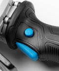 Close-up of No Nonsense 18V Brushless Cordless Circular Saw grip with blue buttons and textured rubber for comfort.