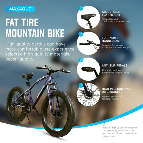 Beefy Fat Tire 26-Inch Mountain Bike With 21-Speed Drivetrain, 4-Inch Fat Tires, Dual Disc Brakes, Front Suspension Fork