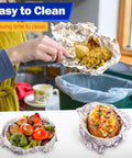 Person discarding food in Premium Aluminum Foil Sheets 9 By 10.75 Inch Pre Cut Tin Foil Wraps For Cooking And Food Storage