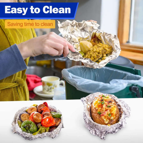 Person discarding food in Premium Aluminum Foil Sheets 9 By 10.75 Inch Pre Cut Tin Foil Wraps For Cooking And Food Storage