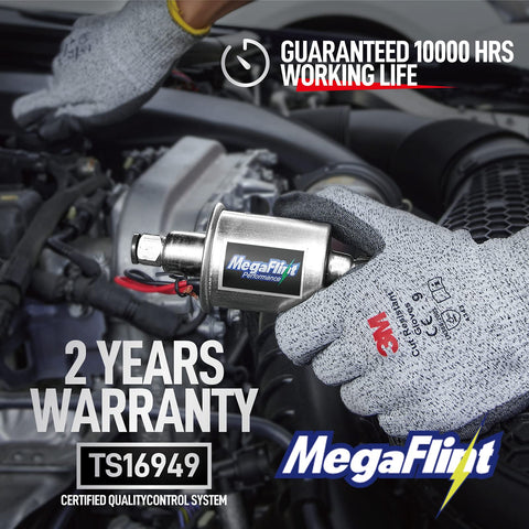 Mechanic holds Inline 12V Universal Electric Fuel Pump Low Pressure Five To Nine PSI For Gas And Diesel, Delivers Thirty GPH in engine bay