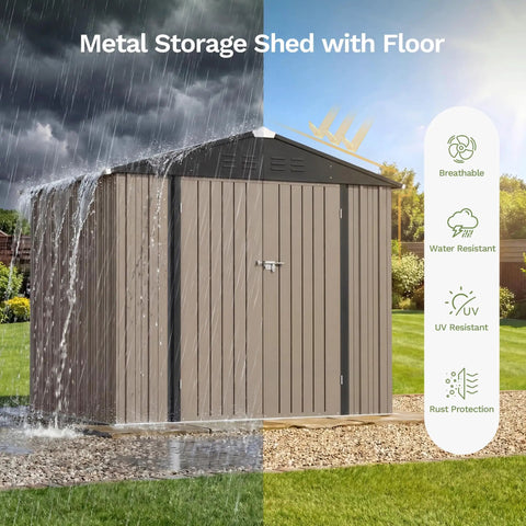 8x6 Ft Outdoor Storage Shed With Floor Frame, Sloped Roof Metal Tool Shed With Lockable Door, Waterproof Garden Shed, Brown
