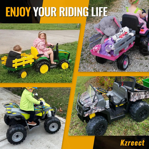 Children riding Peg Perego vehicles using Battery Adapter For Dewalt 20V To Peg Perego Ride On Toy Conversion Kit