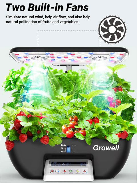 17 Pod Hydroponics Growing System Kit With 102 28W Full Spectrum Grow Lights Two Fans Auto Timer Water Pump 10L Tank Height Adjustable Indoor Garden In Black And White Dope Setup with built-in fans and lush greenery.