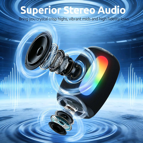 Portable Bluetooth Speaker With Loud Stereo Sound And Beastly Bass, 8 LED Light Modes displayed with sound waves