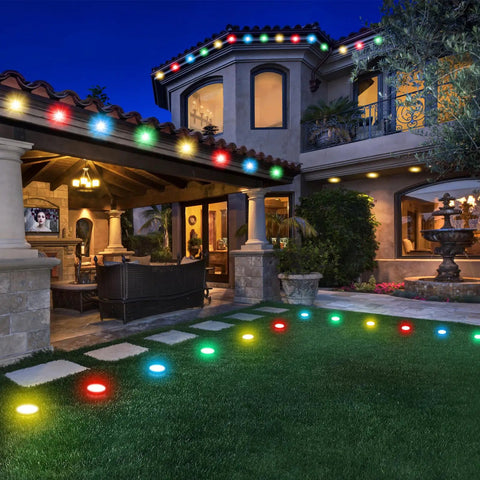 House at night with 150 Ft 2-In-1 Eaves And Ground LED String Lights With App And Remote Control, Outdoor RGB Color Changing Waterproof Lighting for yard
