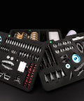 Hands On V8 Engine Model Kit That Actually Runs parts layout, metal components, educational STEM project kit with instructions visible.