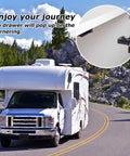 RV on a scenic road with overlay image of 20 Pack RV Cabinet Door Latches And Drawer Latches 10 Lbs Pull Force
