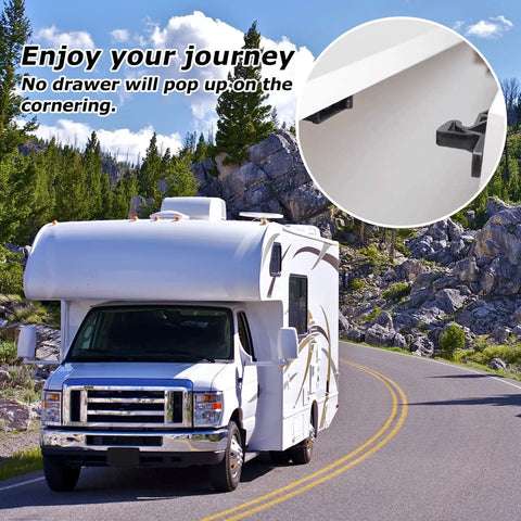 RV on a scenic road with overlay image of 20 Pack RV Cabinet Door Latches And Drawer Latches 10 Lbs Pull Force