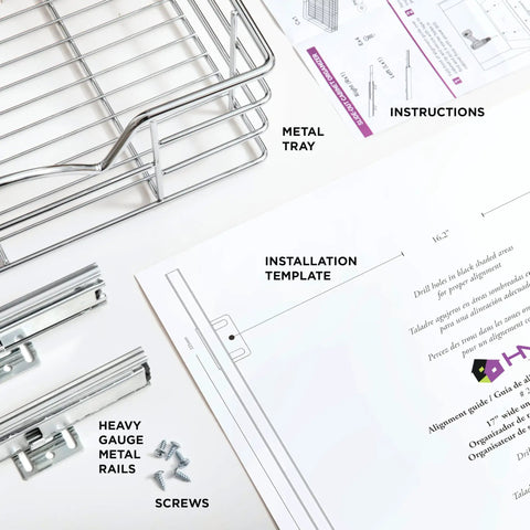 Heavy Duty Pull Out Cabinet Organizer Slide Out Pantry Shelf components including metal tray, installation template, and heavy gauge rails.
