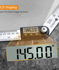 Heavy Duty Stainless Steel Digital Angle Finder And Precision Protractor Ruler displaying 145.00° with LCD readout and ruler.