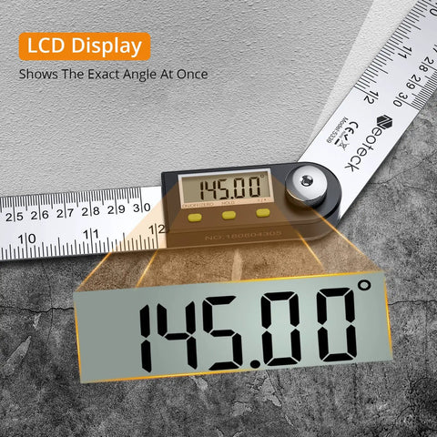 Heavy Duty Stainless Steel Digital Angle Finder And Precision Protractor Ruler displaying 145.00° with LCD readout and ruler.