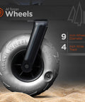 Close-up of a 9 inch pneumatic tire of Beach Wagon With Big Wheels For Sand All Terrain Steel Frame Utility Cart, shown on sand.