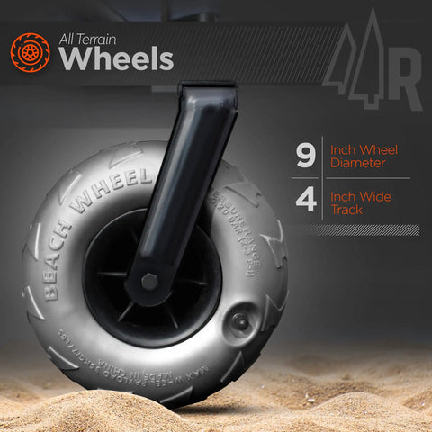 Close-up of a 9 inch pneumatic tire of Beach Wagon With Big Wheels For Sand All Terrain Steel Frame Utility Cart, shown on sand.