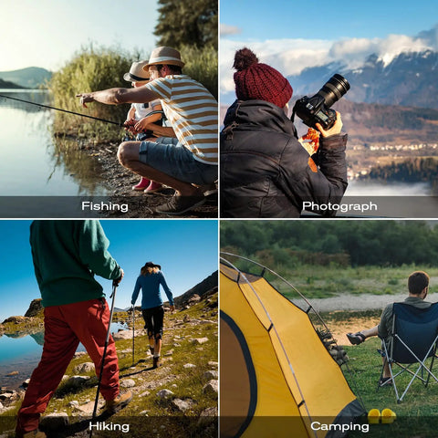 Outdoor activities collage with fishing, photography, hiking, camping scenes, lifestyle imagery related to outdoor adventures.
