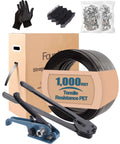 Heavy Duty Pet Strapping Kit With 1000 Foot Rolls And Tough Hand Tensioner shows gloves, corner guards, and seals for freight handling.