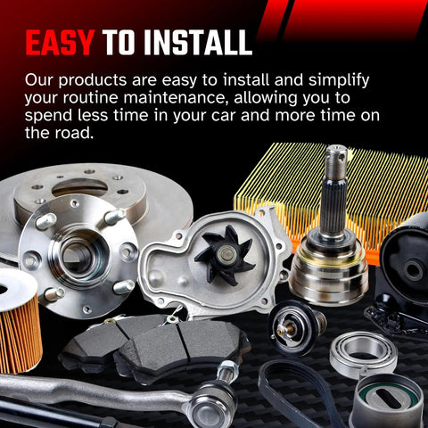 Assorted car maintenance parts with text easy to install, related to Beefed Up Front Brake Caliper Pin Kit With Bolts And Slide Pins