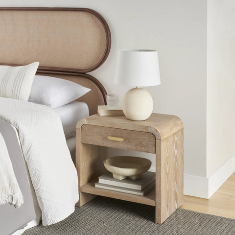 18 Inch Off White Round Metal Table Lamp With Black Cord, On Off Switch, E26 Bulb Compatible on bedside table in bedroom