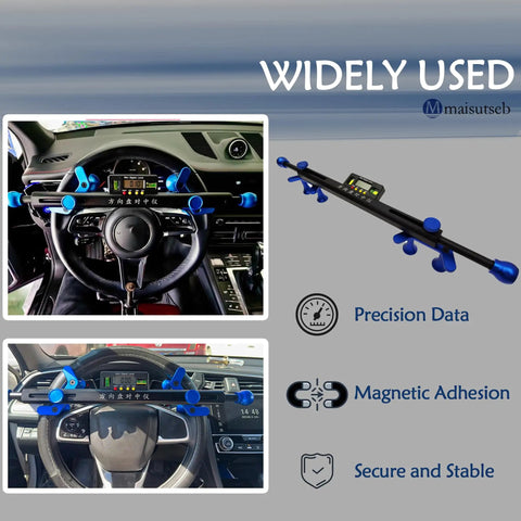 Car Steering Wheel Level Alignment Tool Featuring 0.1 Degree Accuracy Max Dia 13.8 Inch mounted on steering wheel with digital display.