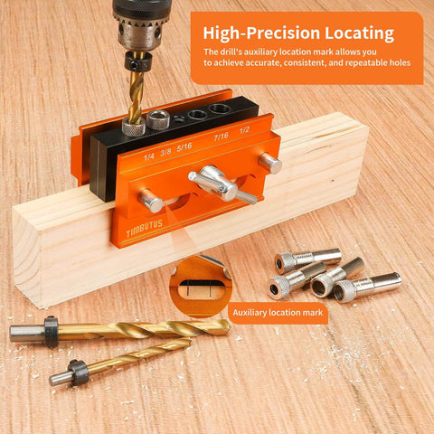 Self Centering Doweling Jig Kit For Precise Woodworking Adjustable Width Dowel Jig With 3 Drill Bit Sizes and 6 Bushings in use