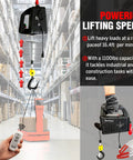 Rock Solid Portable Electric Hoist Winch 1100 Lbs With Wired Remote in a warehouse lifting heavy loads with a 16.4 ft speed.
