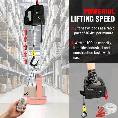 Rock Solid Portable Electric Hoist Winch 1100 Lbs With Wired Remote in a warehouse lifting heavy loads with a 16.4 ft speed.