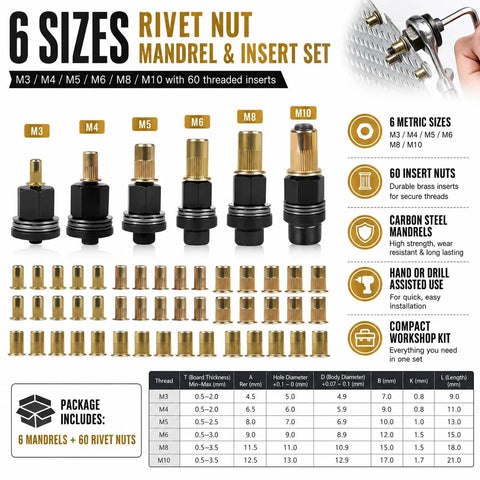 Metric Threaded Insert Kit With Replacement Mandrels For M3 M4 M5 M6 M8 And M10 Sizes Includes Rivet Nut Inserts For Quick Repairs And Strong Fasteners Perfect For Workshop Maintenance And DIY Fabrication Projects. 6 metric mandrels and brass rivet nuts shown