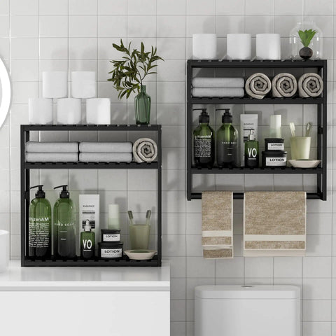 Over The Toilet Towel Rack And Bamboo Floating Shelf Adjustable Height Wall Mounted Dope Space Saving Bathroom Storage For Small Spaces And Kitchens Black Multi Use Organizer with toiletries above toilet