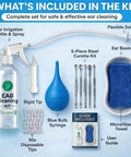 All In One Ear Wax Removal Kit For Home Use For Adults And Kids With Basin Bulb Syringe Four Piece Curette Set Microfiber Towel And 30 Disposable Tips For Safe Ear Irrigation And Cleaning components displayed