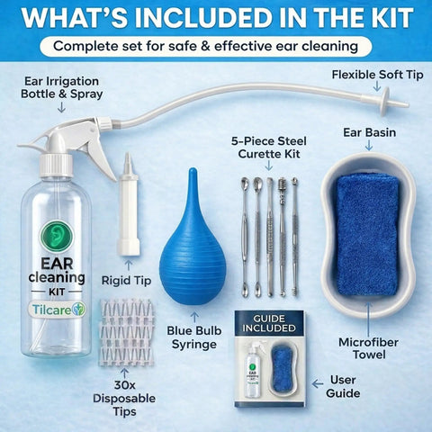All In One Ear Wax Removal Kit For Home Use For Adults And Kids With Basin Bulb Syringe Four Piece Curette Set Microfiber Towel And 30 Disposable Tips For Safe Ear Irrigation And Cleaning components displayed
