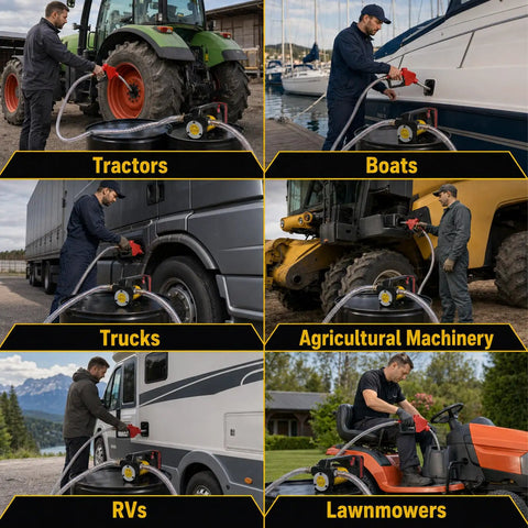 Heavy Duty Diesel Fuel Transfer Pump Handling 17 Gallons Per Minute With A Beefy 380W Motor in various applications like tractors and boats.