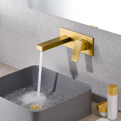 Brushed Gold Wall Mount Bathroom Faucet With Single Handle Vessel Sink Faucet Includes Brass Rough In Valve For Quick Install And Slick Dope Modern Bath Upgrade