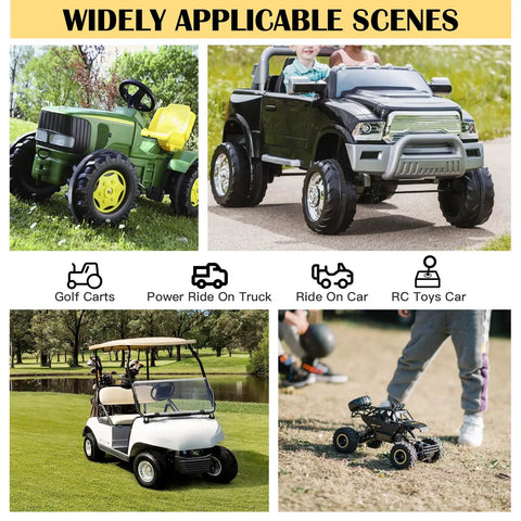 Collage of ride-on toy cars and RC vehicle, compatible with Power Wheel Adapter Pack For 20V And 18V Battery Systems.