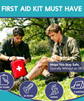 Two people using first aid kit outdoors, treating knee wound with Wound Closure Strips Kit With Butterfly Bandages And Quick Clot Suture 32 Pcs.