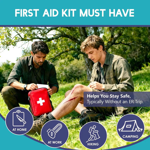 Two people using first aid kit outdoors, treating knee wound with Wound Closure Strips Kit With Butterfly Bandages And Quick Clot Suture 32 Pcs.