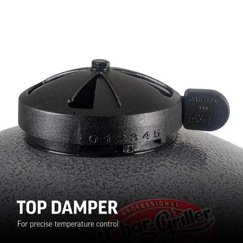 Close-up of top damper on Kamado-Style Portable Charcoal Grill And Smoker With Locking Lid, Compact Ash Finish.
