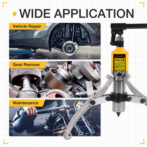 10 Ton Hydraulic Gear Puller Kit With 2 Or 3 Jaws shown in various applications including vehicle repair and gear removal.