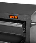 Close-up of a 52 Inch Premium Rolling Tool Cabinet with Beefy 21 Gauge Powder Coated Steel Heavy Duty Build in black, showing a drawer.