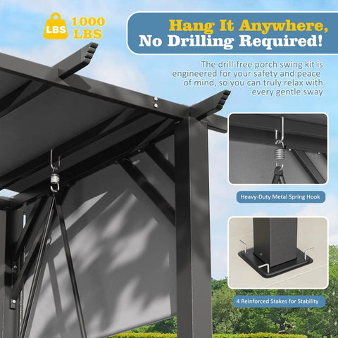 3 Seat Porch Swing Bed With Stand And Adjustable Canopy For Outdoor Use 2 In 1 Convertible Patio Hammock Chair details with hooks and stakes.