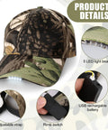 Camouflage Rechargeable LED Baseball Cap With USB Cable And Battery, Five LED Lights Built In, All Day Battery Adjustable Headlamp