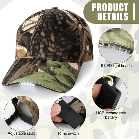 Camouflage Rechargeable LED Baseball Cap With USB Cable And Battery, Five LED Lights Built In, All Day Battery Adjustable Headlamp